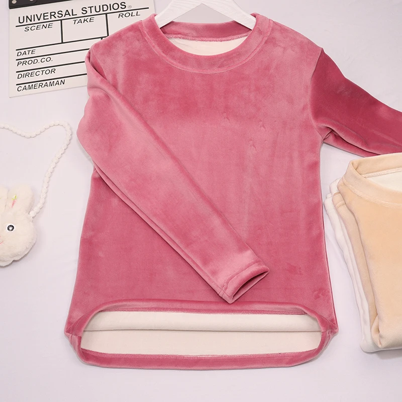 双面绒圆领打底衫女保暖加绒加厚长袖t恤秋冬季2025新款宽松韩版