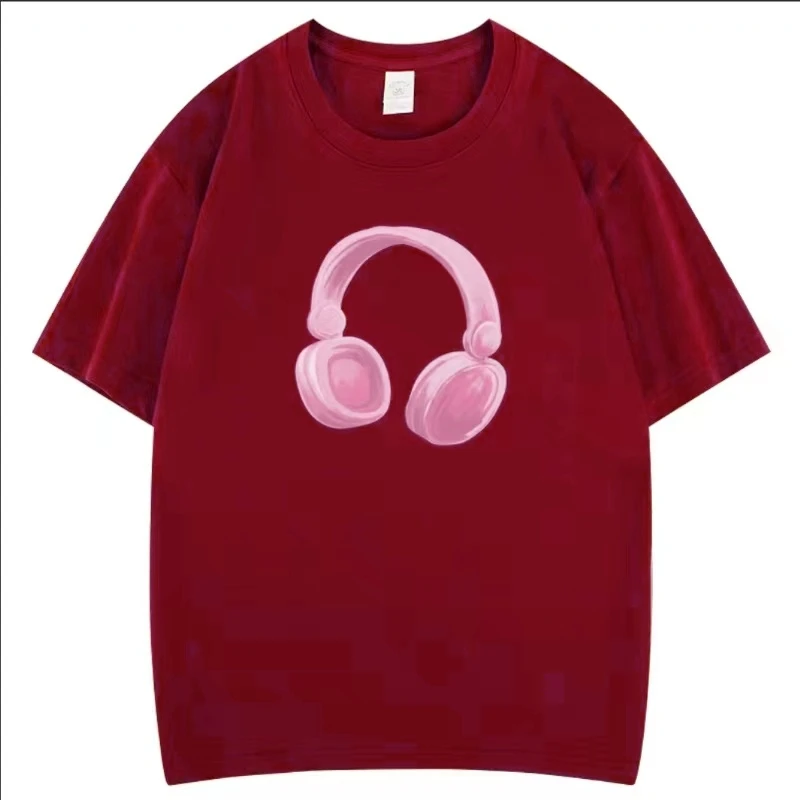 新款夏季显瘦减龄酒红色耳机情侣装T恤上衣男女潮流百搭短袖-耳机