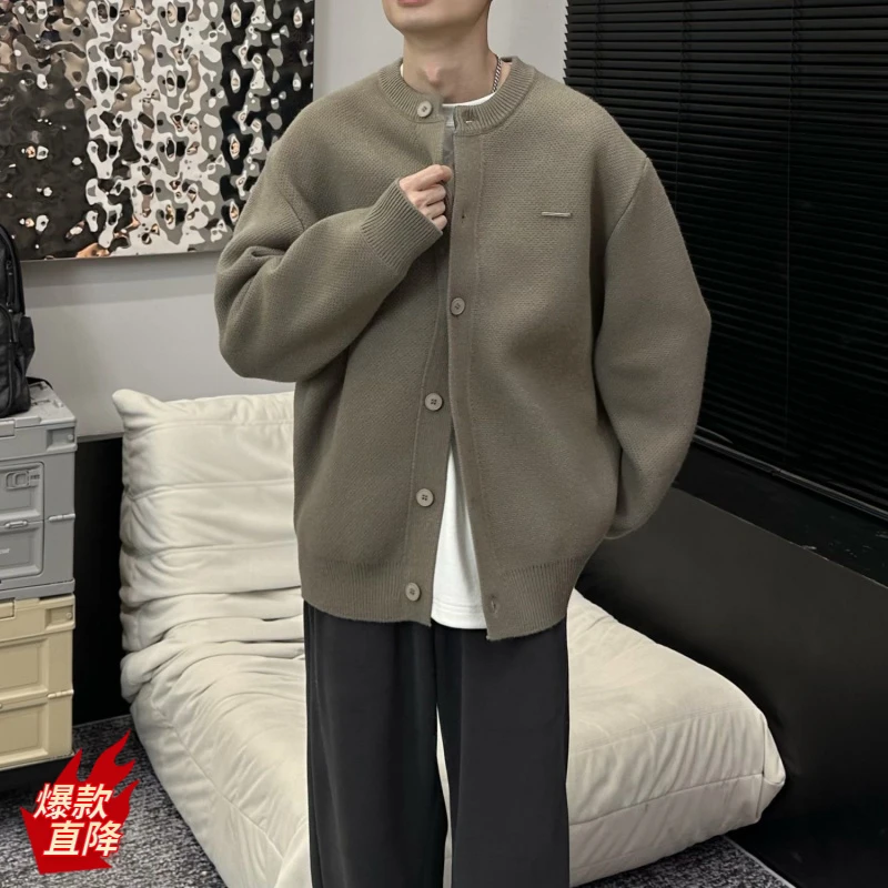 男女同款2024秋季新款棒球领粗针开衫纯色宽松休闲慵懒感毛衣外套
