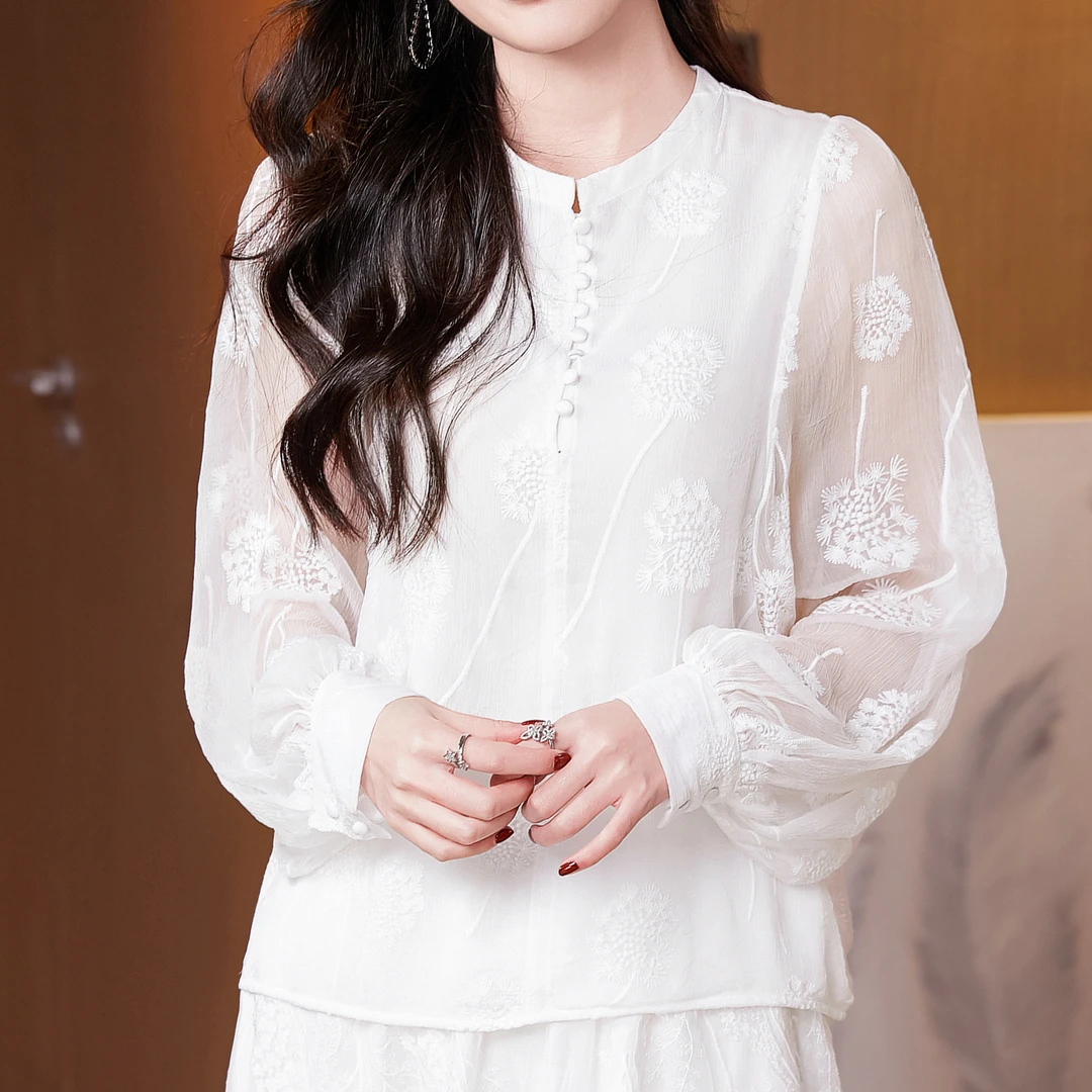 【DuShang】初恋情人~春时尚显瘦真丝顺纡绣花气质桑蚕丝上衣女HY01