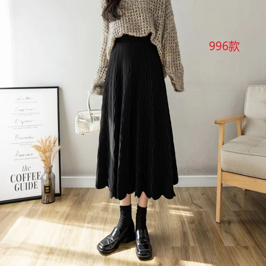 （996）外穿针织长款百褶裙女冬季新款高腰A字显瘦百搭加厚女