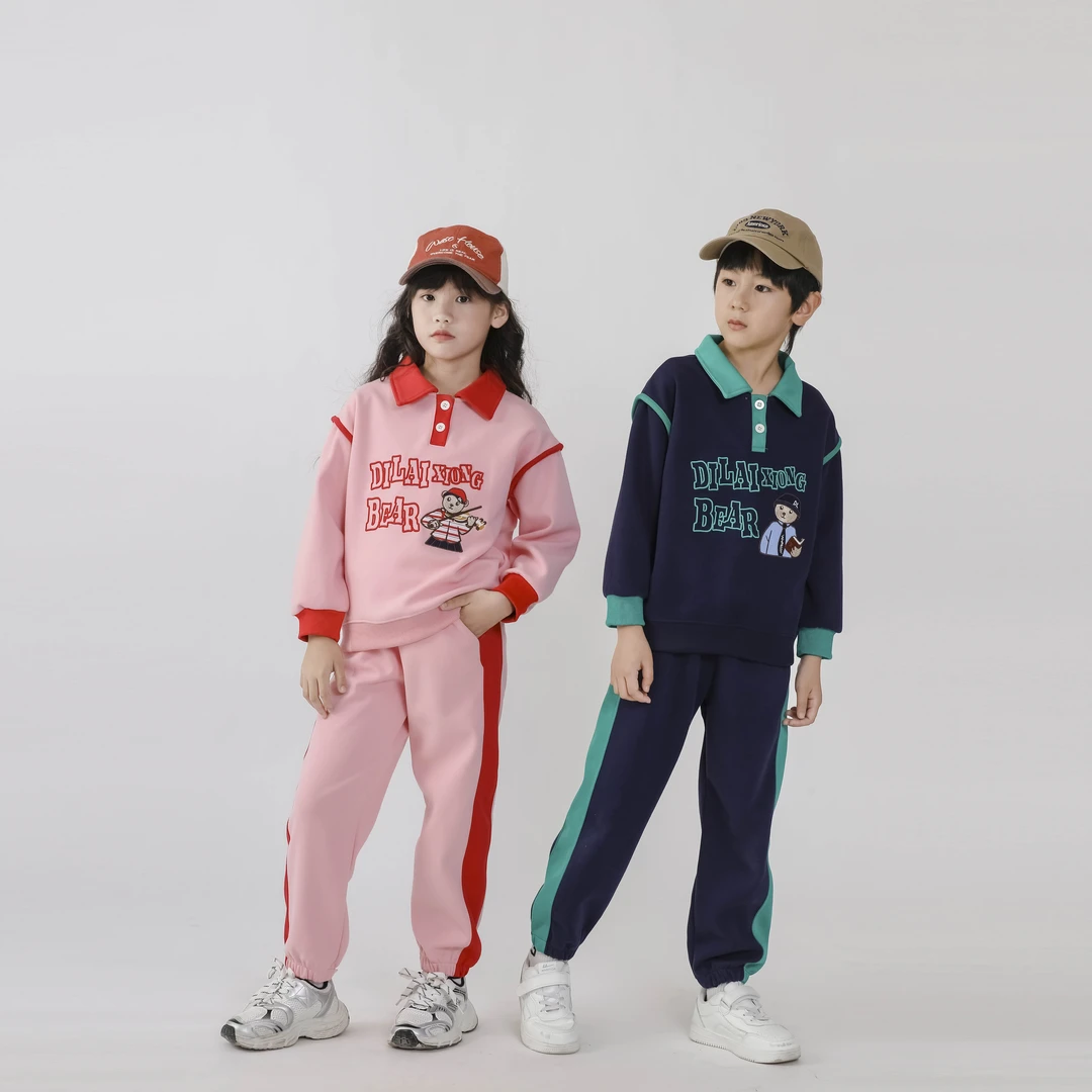 2024秋季新款男童女童POLO领系扣套装儿童拼色两件套小中大童百搭