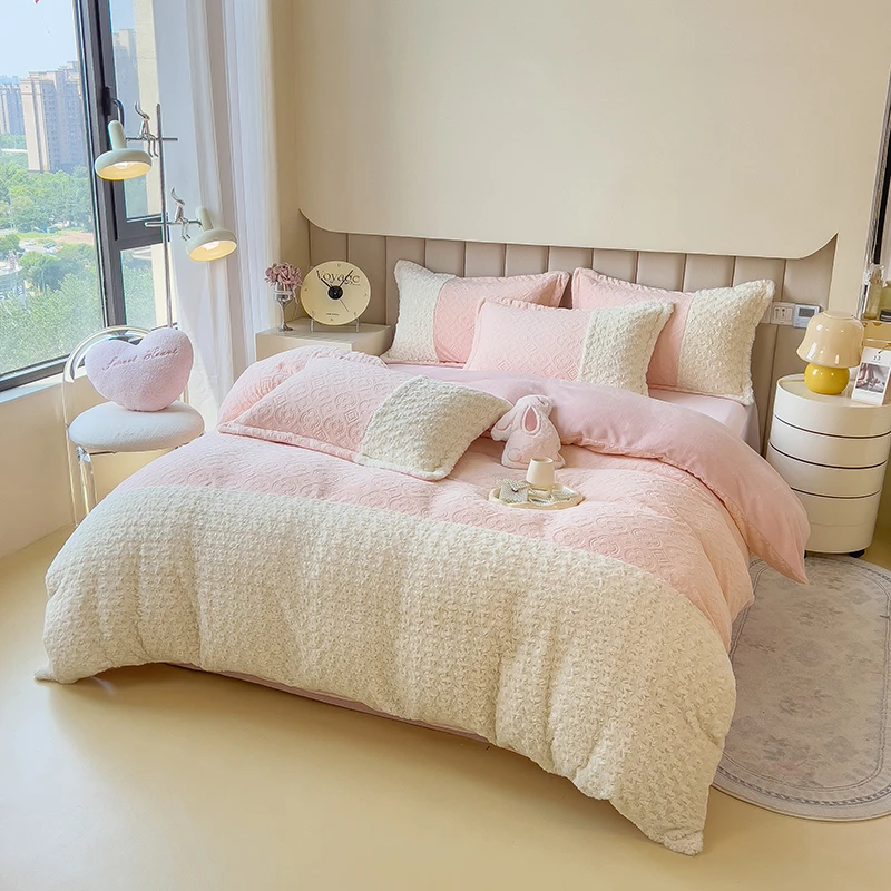 加厚提花牛奶兔毛绒床上四件套冬季双面珊瑚法兰绒被套床单三件套