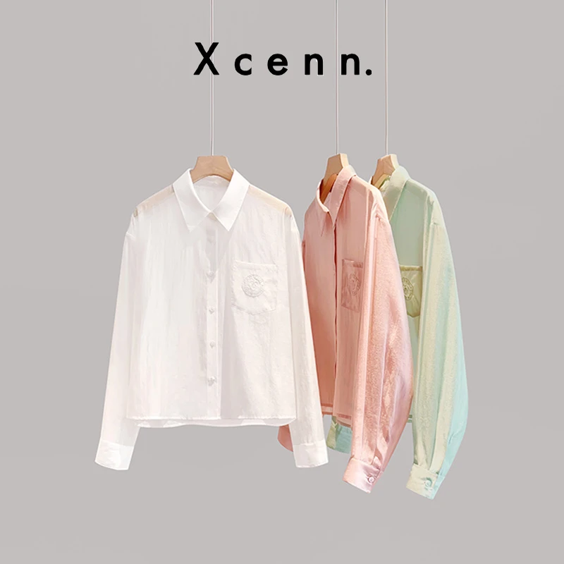 XCENN休闲时尚百搭女款口袋刺绣天丝内搭衬衫透气防晒XC0A24826