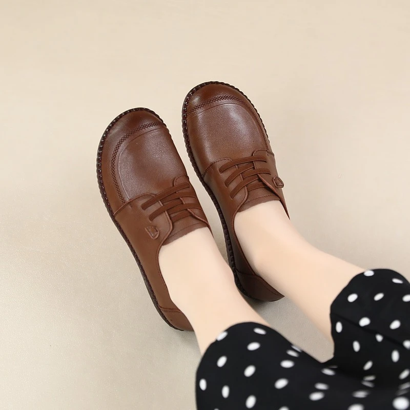 手工复古真皮鞋春季新款单鞋百搭软底软面平底圆头深口防滑妈妈鞋