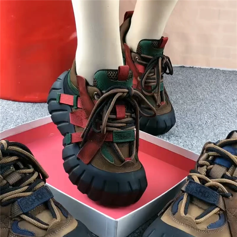 单鞋女真皮圆头深口系带松糕厚底休闲鞋女复古百搭拼色软底妈妈鞋