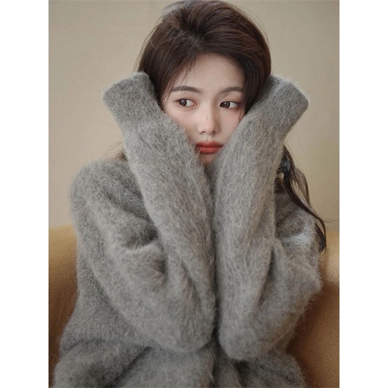 宽松慵懒风灰色水貂绒毛衣女冬季加厚软糯遮屁股针织衫高级感上衣