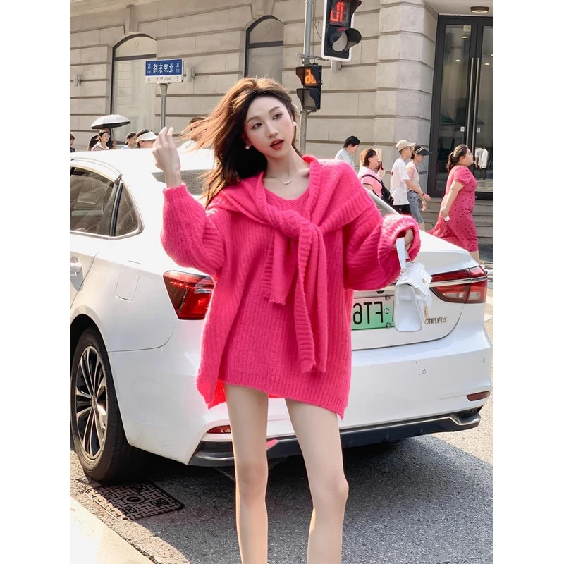 2023早秋季新款冷淡系独特别致针织上衣森系软糯慵懒风玫红色毛衣