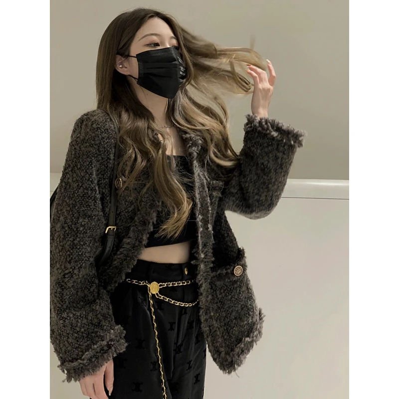 韩式chic小香风外套女秋冬季加厚灰色高级感气质名媛欧货夹克上衣