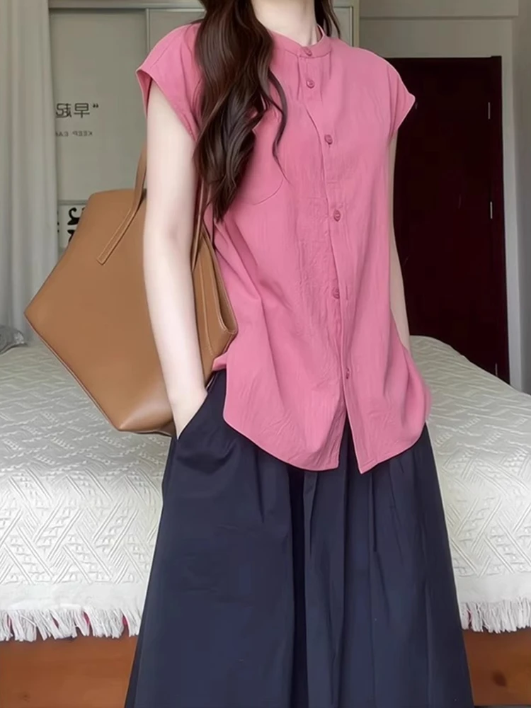 日系文艺树莓粉小飞袖透气无袖衬衫女夏季甜美慵懒松弛感短袖上衣