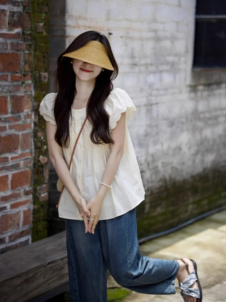 法式小飞袖正肩短袖衬衫女夏季宽松显瘦减龄娃娃衫设计感小众上衣
