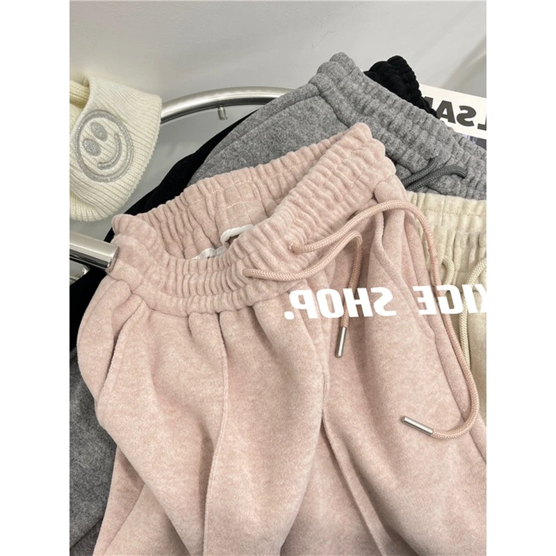 慵懒风软糯毛呢针织阔腿裤女秋冬加厚松紧腰休闲卫裤直筒拖地长裤