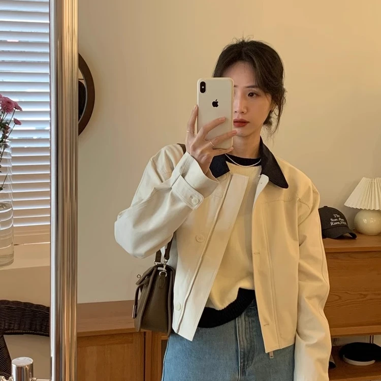 韩系小个子短款工装夹克外套女春秋高级感别致漂亮polo领拉链上衣