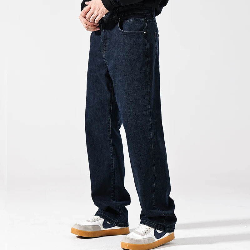 真维斯藏青色弯刀牛仔裤男春秋季cleanfit腿粗显瘦裤子微喇直筒裤