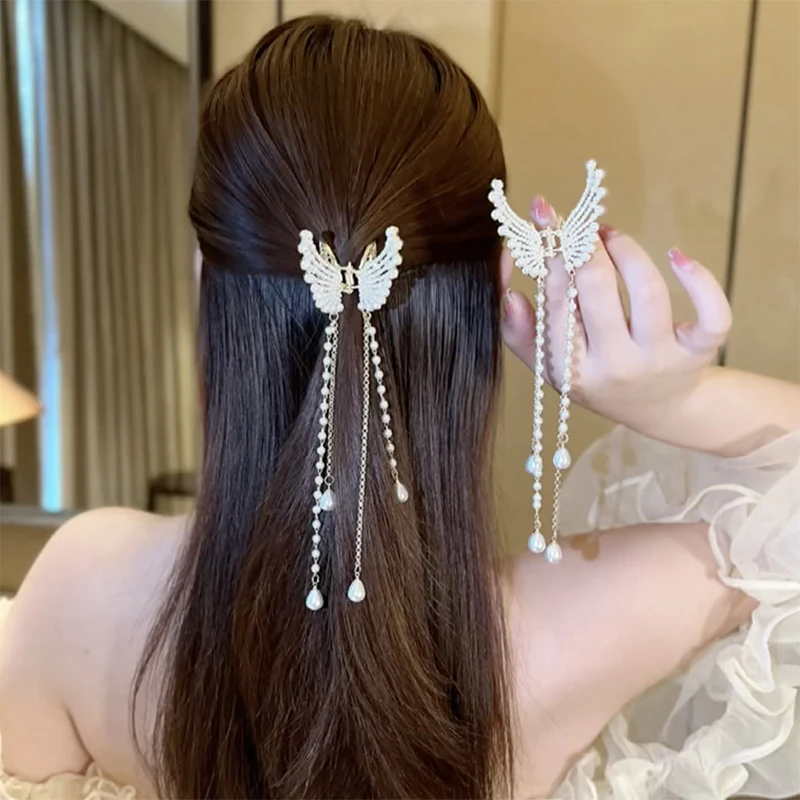水钻珍珠蝴蝶翅膀流苏小抓夹后脑勺半扎发爪夹高级感鲨鱼夹女发饰
