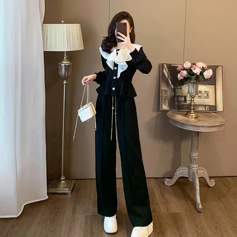 撞色荷叶边娃娃领2025春秋新款加绒休闲套装复古显瘦气质两件套潮