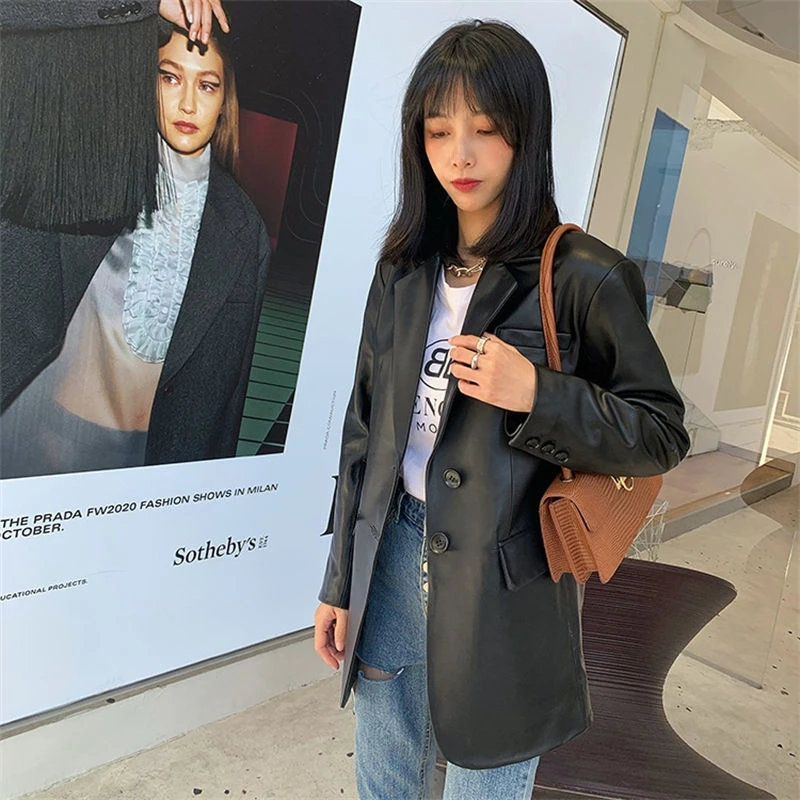 欧货爆款2025秋冬新款PU皮休闲女宽松韩版西服皮衣黑色外套百搭