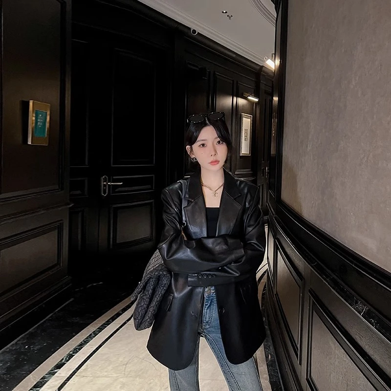 黑色pu皮衣外套女2025秋冬新款韩版高级感气质宽松休闲小西服上衣
