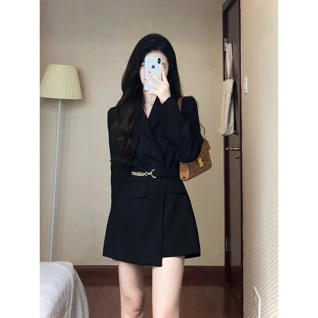 气质韩系轻熟温柔风高级感收腰黑色西装外套女春秋小个子西装裙子