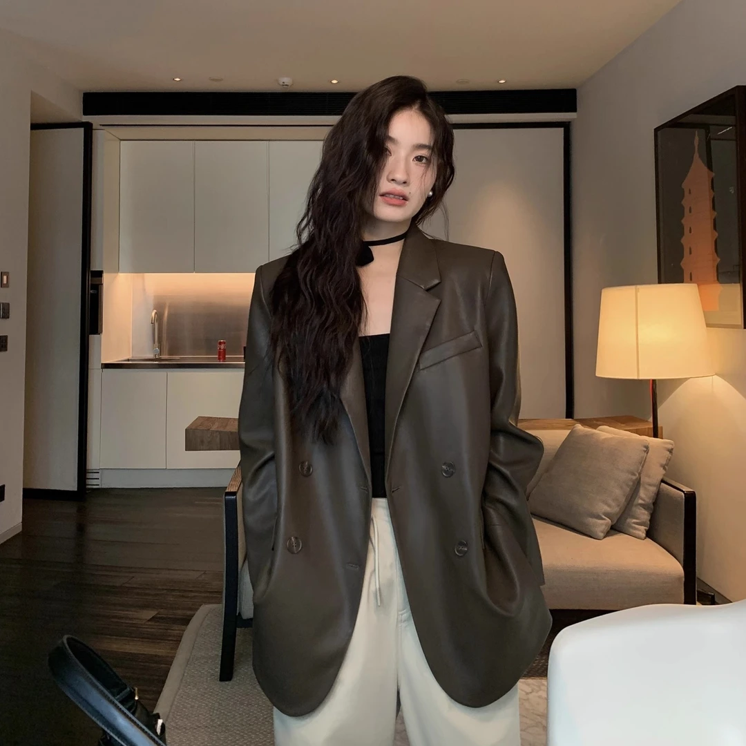 2025秋冬黑色复古PU皮衣西装外套女新款宽松休闲气质炸街百搭上衣