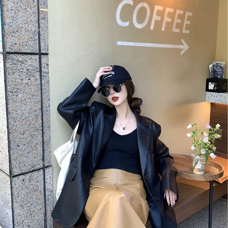 2025秋冬新款皮衣外套女帅气宽松西装PU皮高级感炸街黑色百搭西服