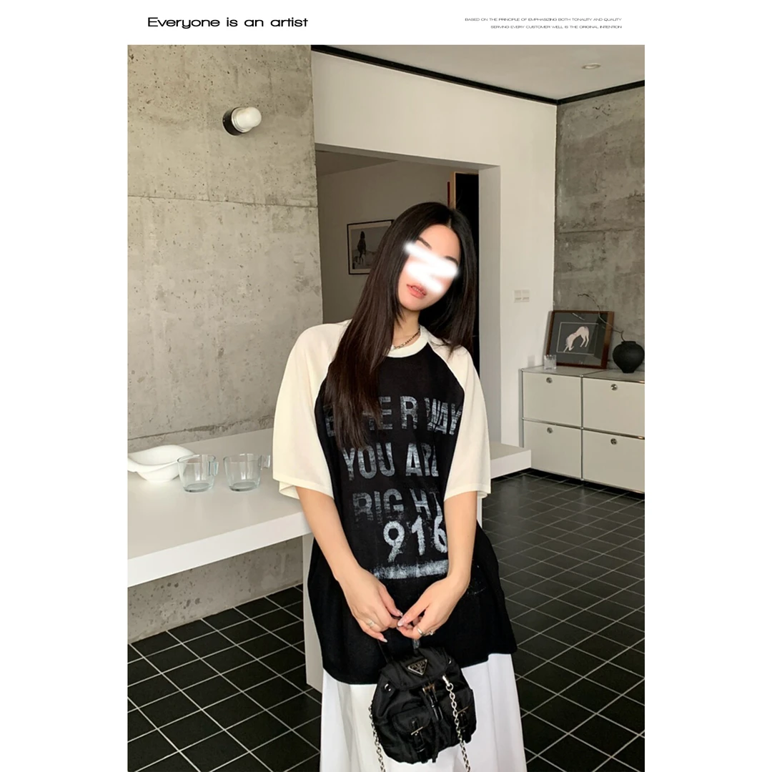 53352显瘦美式白色夏季小众宽松印花韩版短袖