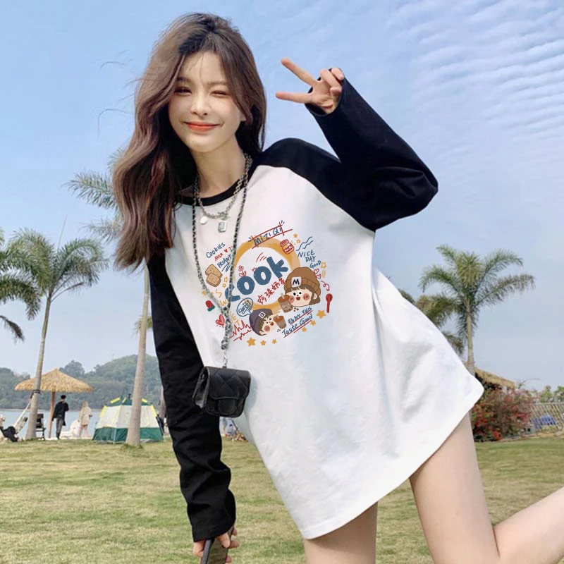 米子旗2025新款春秋纯棉宽松洋气女款时尚秋季长袖T恤百搭雅丹风