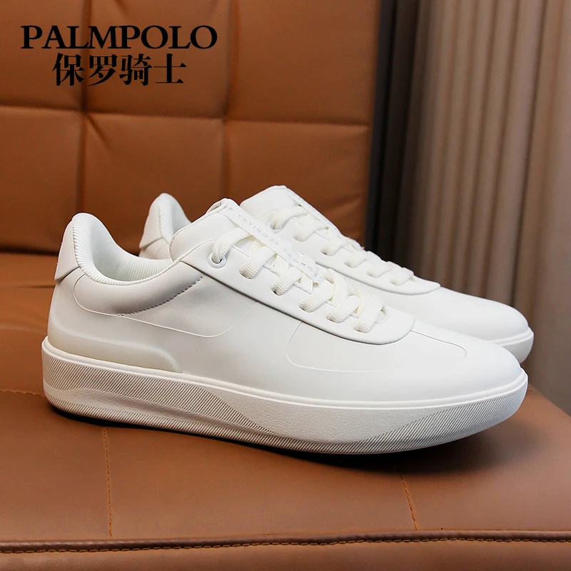 保罗骑士男鞋真皮时尚舒适透气生活休闲鞋男低帮德训平底板鞋白色
