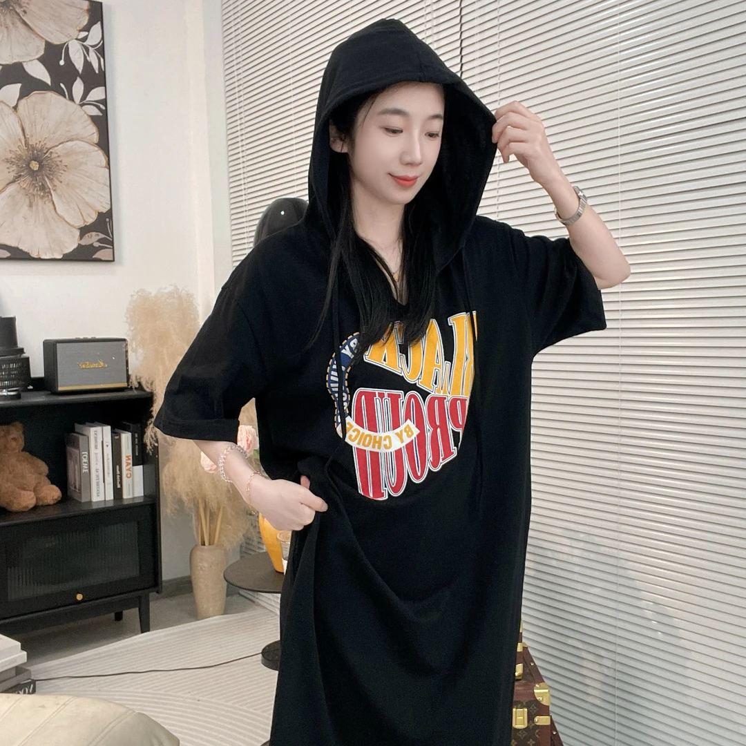 纯棉连帽连衣裙有口袋阔版家居服吸湿排汗自带胸垫假两件套