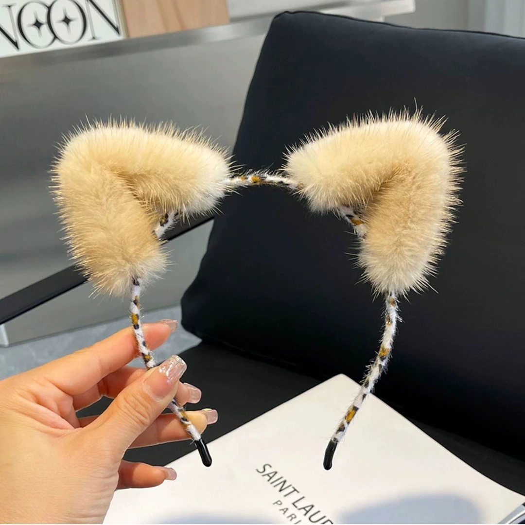 高颜值洗脸发箍真水貂毛猫耳朵网红女主播头箍毛绒头饰化妆发卡