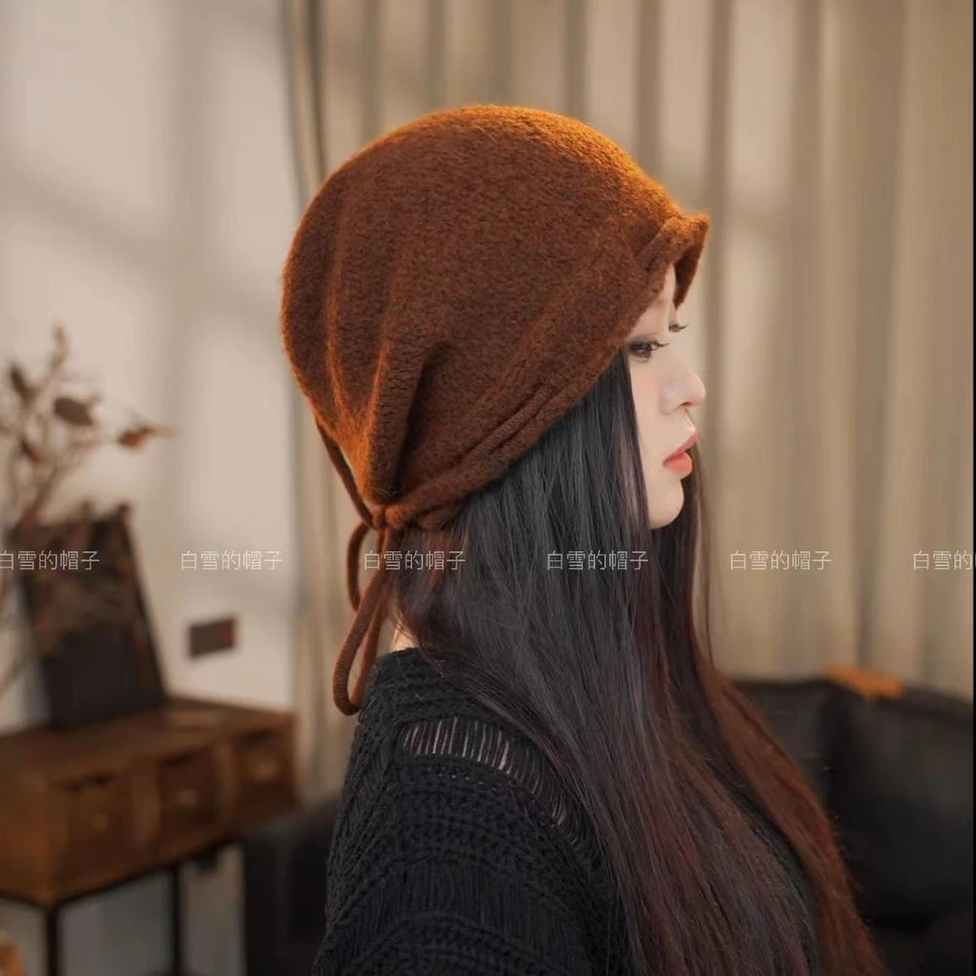 【两用双肩包羊毛堆堆帽】2024秋冬新款百搭显脸小抽绳针织冷帽D-15