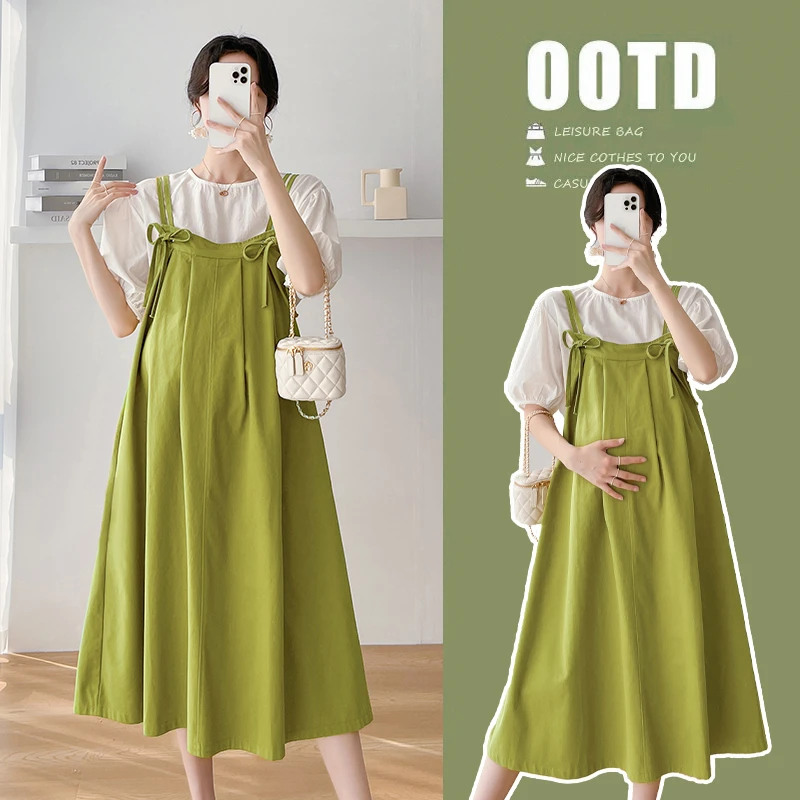 网红孕妇套装时尚夏季新款薄款泡泡袖宽松上衣背带连衣裙两件套女