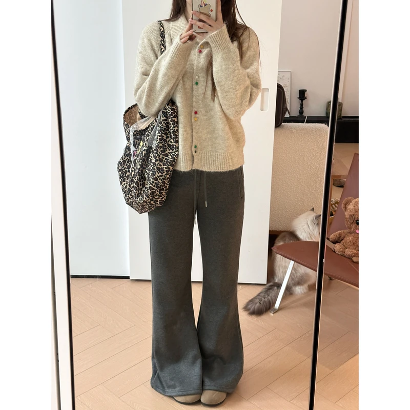 小沈美眉微胖梨形显瘦加绒松紧腰抽绳微喇裤秋冬休闲拖地长裤子女