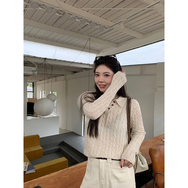 小沈美眉  学院风复古Polo领麻花毛衣女百搭春秋针织衫上衣