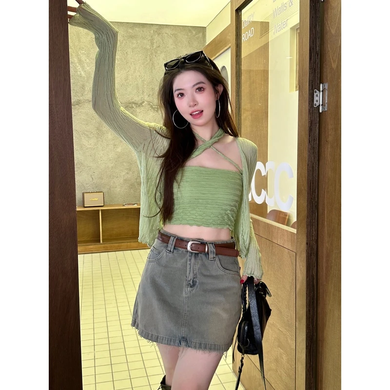 小沈美眉 褶皱感镂空针织开衫2023夏季新款外搭薄款防晒上衣女