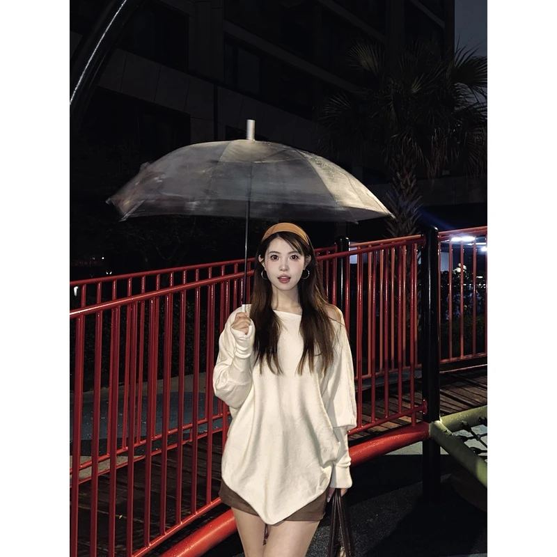 小沈美眉 斜肩斗篷设计感长袖针织衫女慵懒感宽松蝙蝠袖露肩毛衣