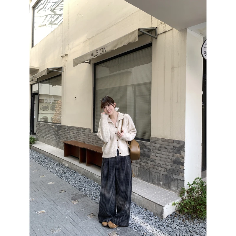 小沈美眉微胖梨形显瘦松紧腰格纹毛呢休闲裤秋冬宽松直筒阔腿裤