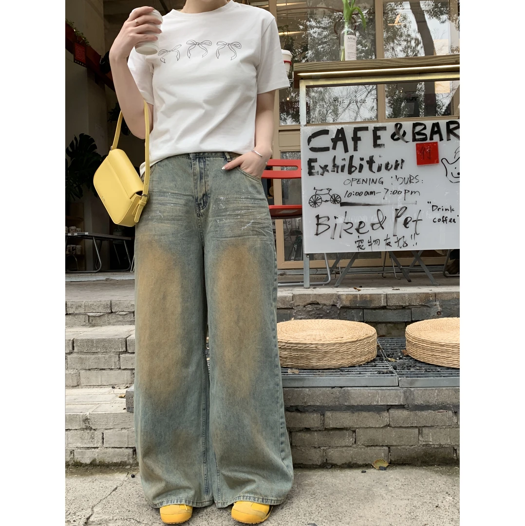 小沈美眉XSMM微胖梨形显瘦复古做旧拖地裤高腰宽松阔腿牛仔裤子女