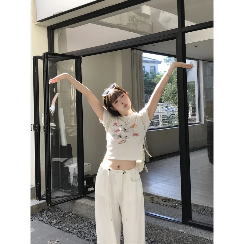 小沈美眉 快乐小狗 立体蝴蝶结印花短袖T恤夏修身正肩显瘦上衣女