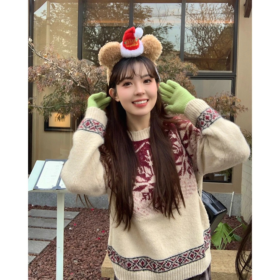 小沈美眉 复古提花宽松圆领套头毛衣春秋上衣女