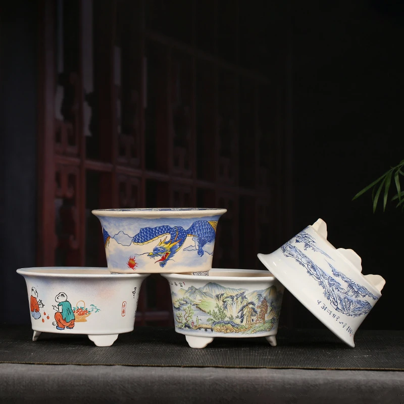 张治诚老师高温彩画彩绘三足圆口斗笠花盆透气吸水陶瓷古典优雅
