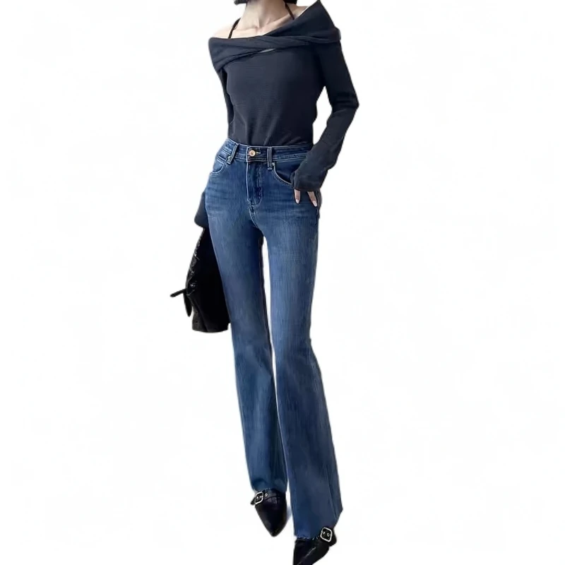 A-05【宝】高腰修身显瘦弹力微喇牛仔裤女2024秋冬新款