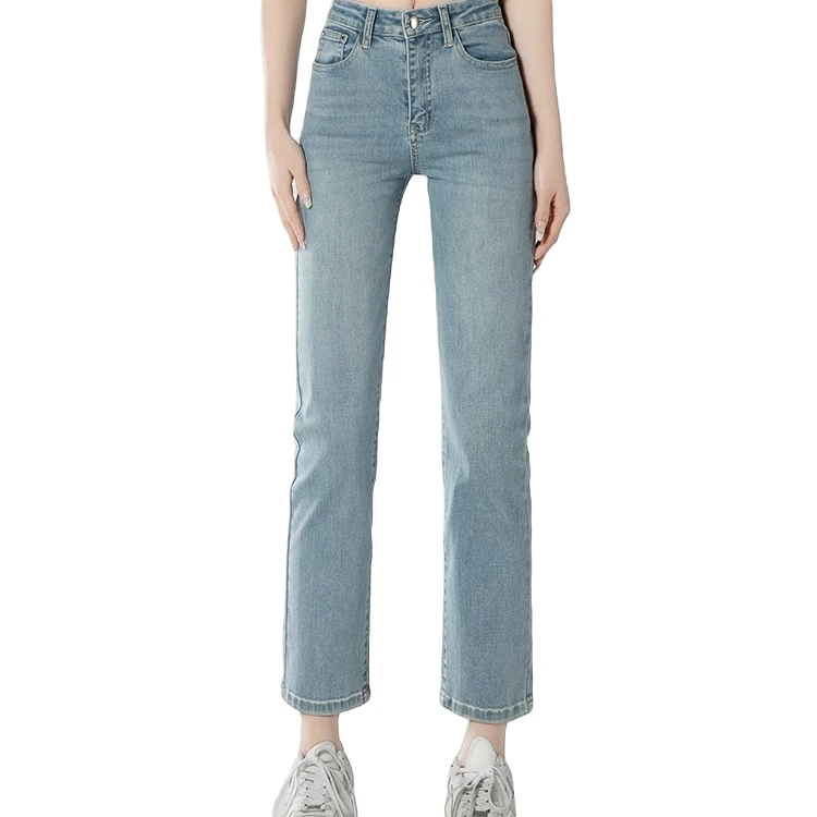 A-13【妙】浅色直筒牛仔裤女高腰夏季薄九分法棍烟管裤