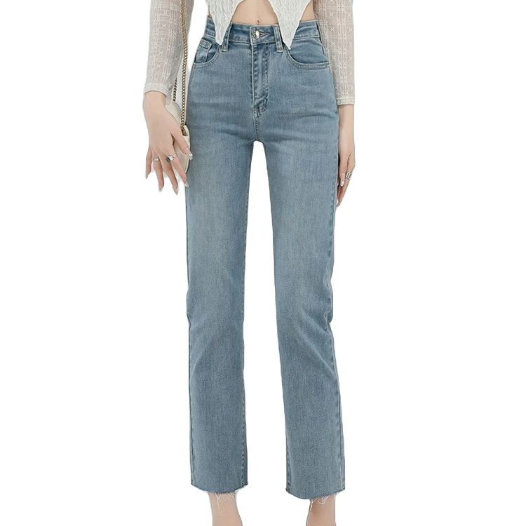 A-11【虎】浅蓝色直筒牛仔裤女春夏季薄款九分法棍烟管裤