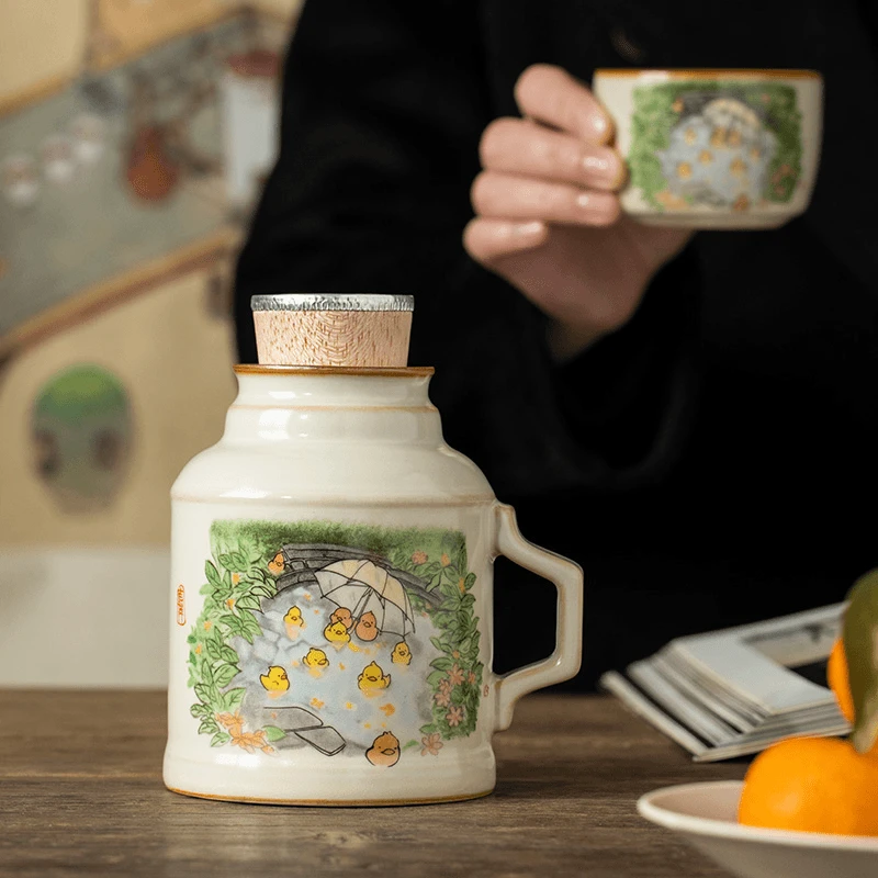 汝窑小黄鸭小暖瓶便携创意水杯办公室大容量高档家用中式陶瓷杯