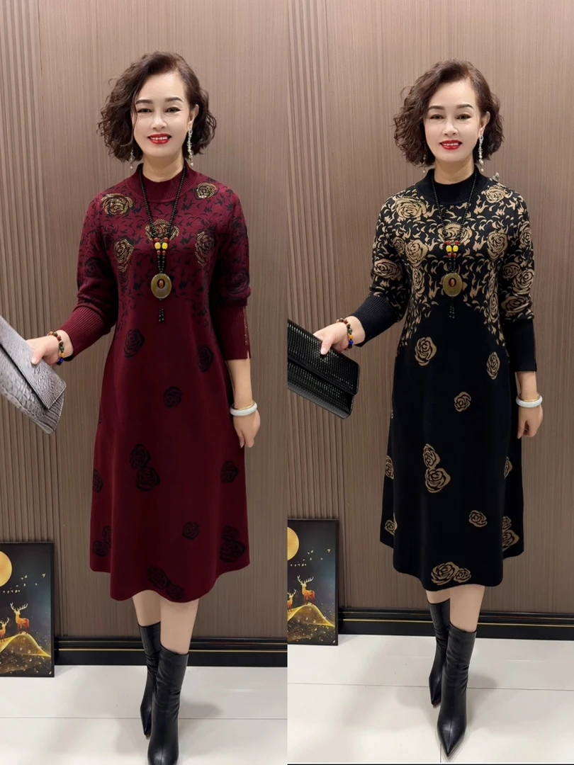 1813款时尚宽松高领洋气中长款网红长袖针织连衣裙