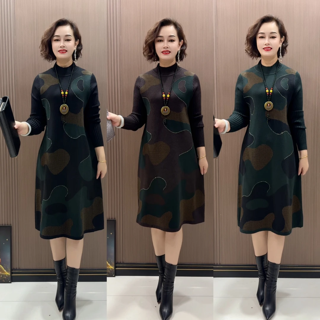 时尚潮流气质显瘦高领加厚中长款针织秋冬连衣裙