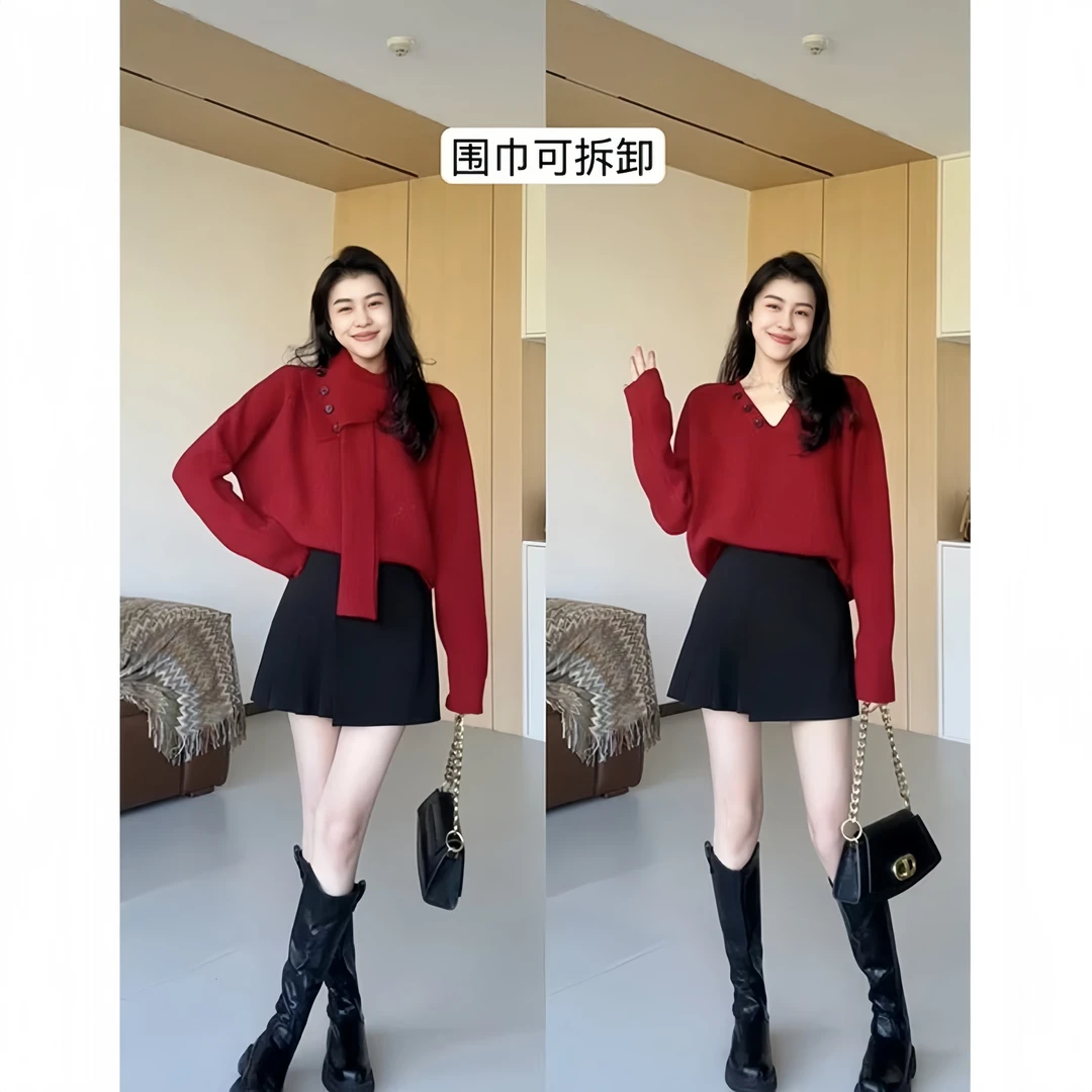 毛衣女秋冬2024新款圣诞红色围脖可拆卸围巾软糯遮肉显瘦针织上衣