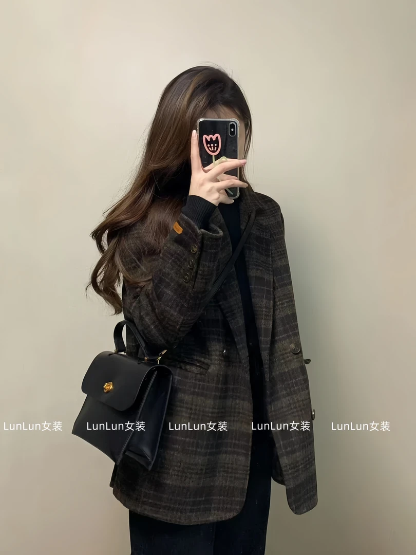 宽松时髦大码女装胖mm格子毛呢西装外套2024秋冬新款阔腿裤两件套