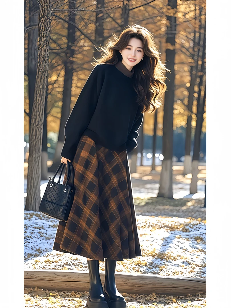 气质富家千金衣服2024冬季新款小香风名媛撞色卫衣格子半身裙套装